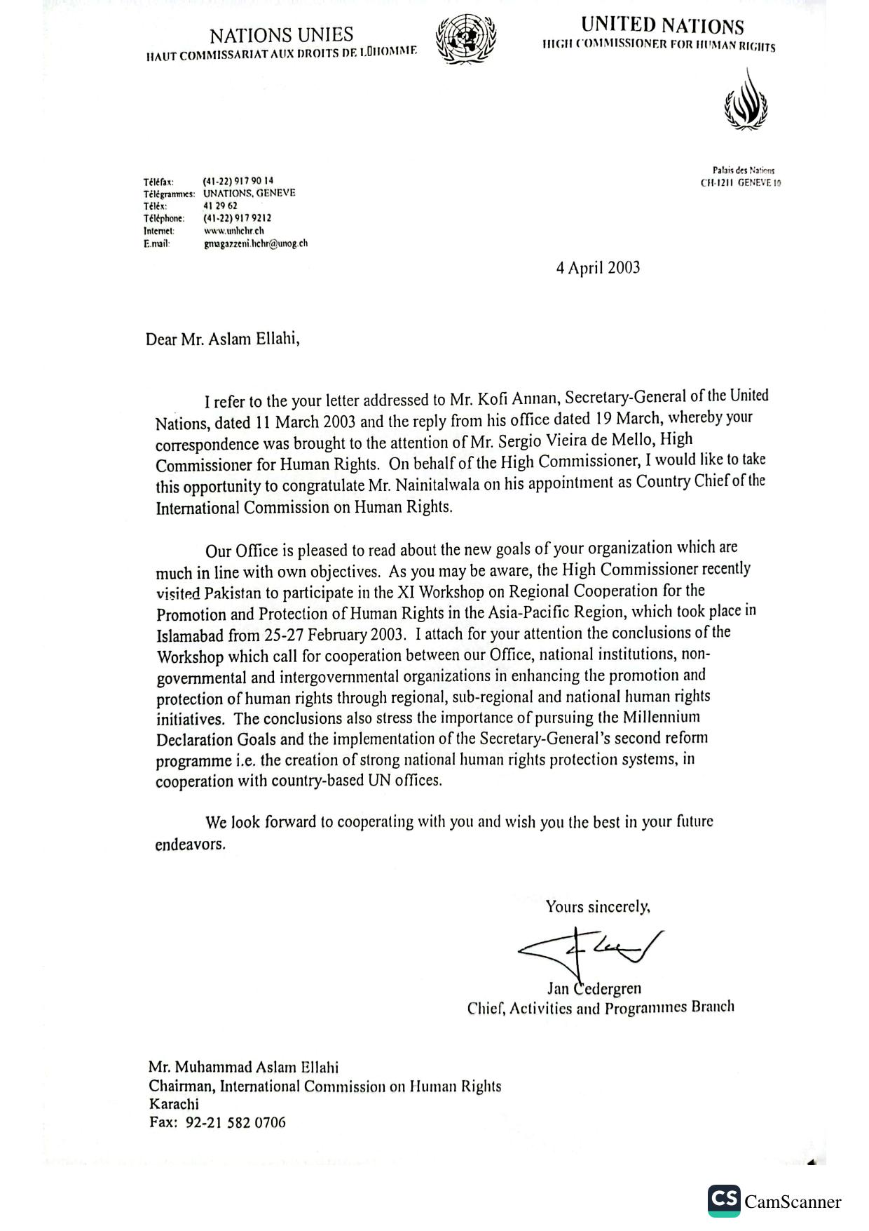 UN High Commissioner for Human Rights — Office of the UN High Commissioner for Human Rights, Geneva, 4 April 2003