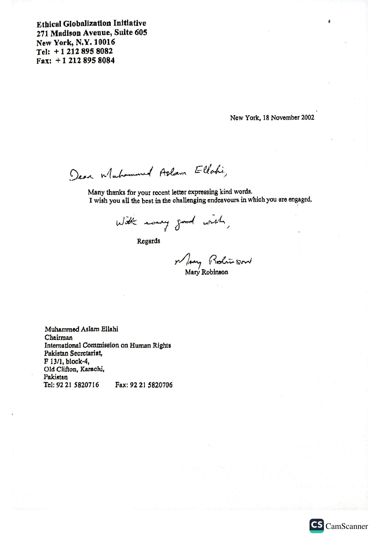 Mary Robinson — Handwritten reply from Mary Robinson, New York, 18 November 2002