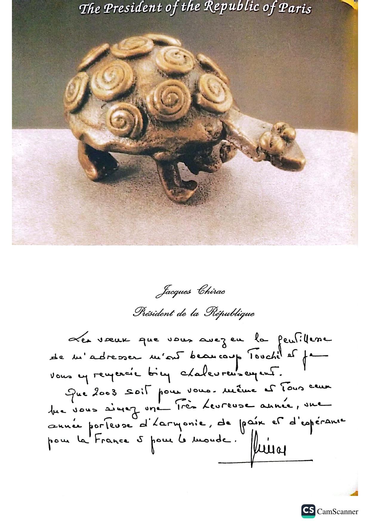 President of France — Personally handwritten New Year reply from President Jacques Chirac