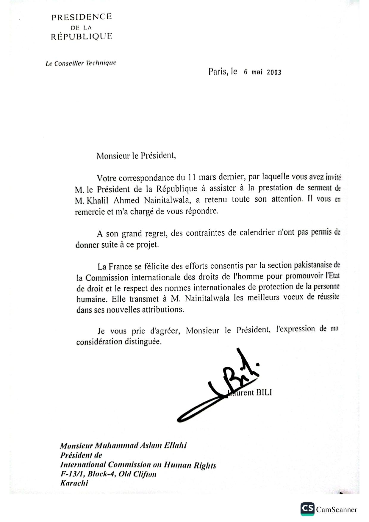 Présidence de la République — Letter from the Présidence de la République, Paris, 6 May 2003