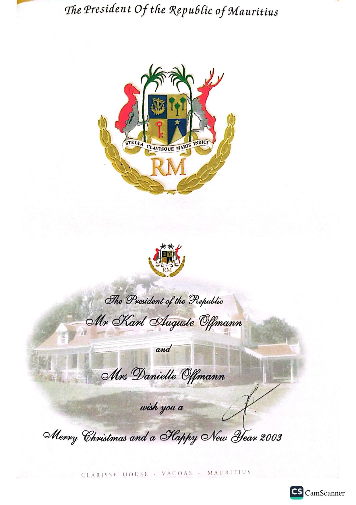 Republic of Mauritius — Greeting from the President of the Republic of Mauritius and Mrs Offmann