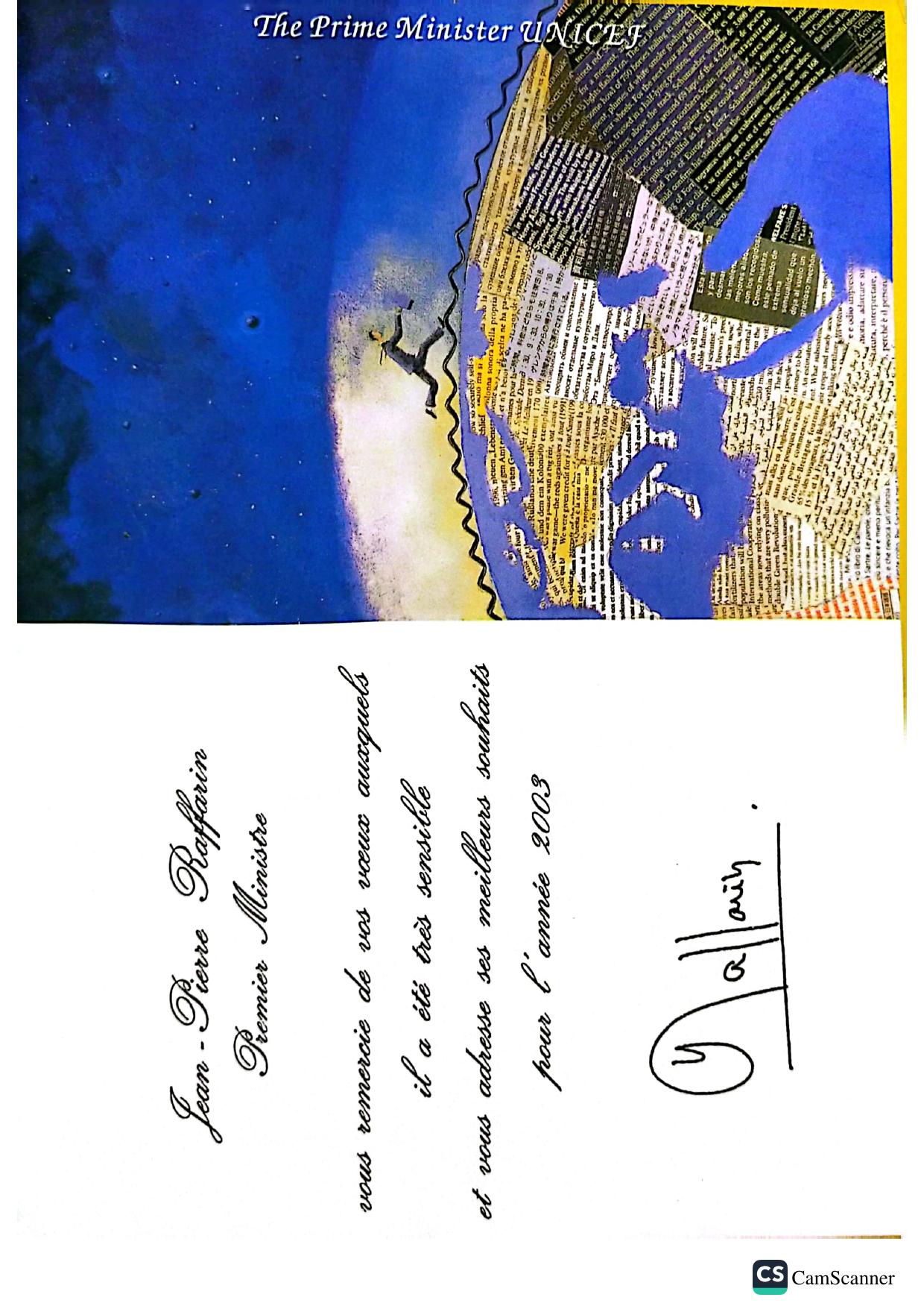 Prime Minister of France — Reply from the office of Prime Minister Jean-Pierre Raffarin, in connection with UNICEF