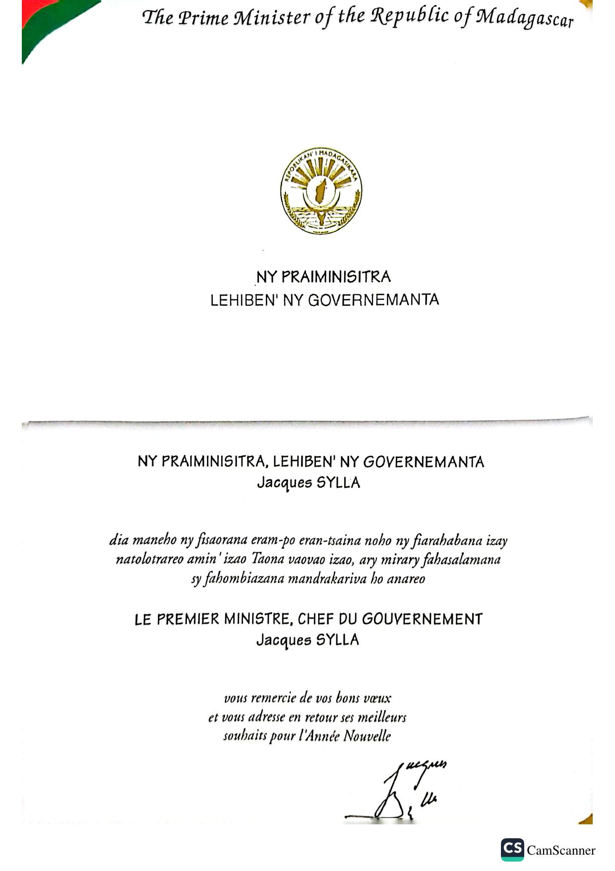 Madagascar — Reply from Prime Minister Jacques Sylla