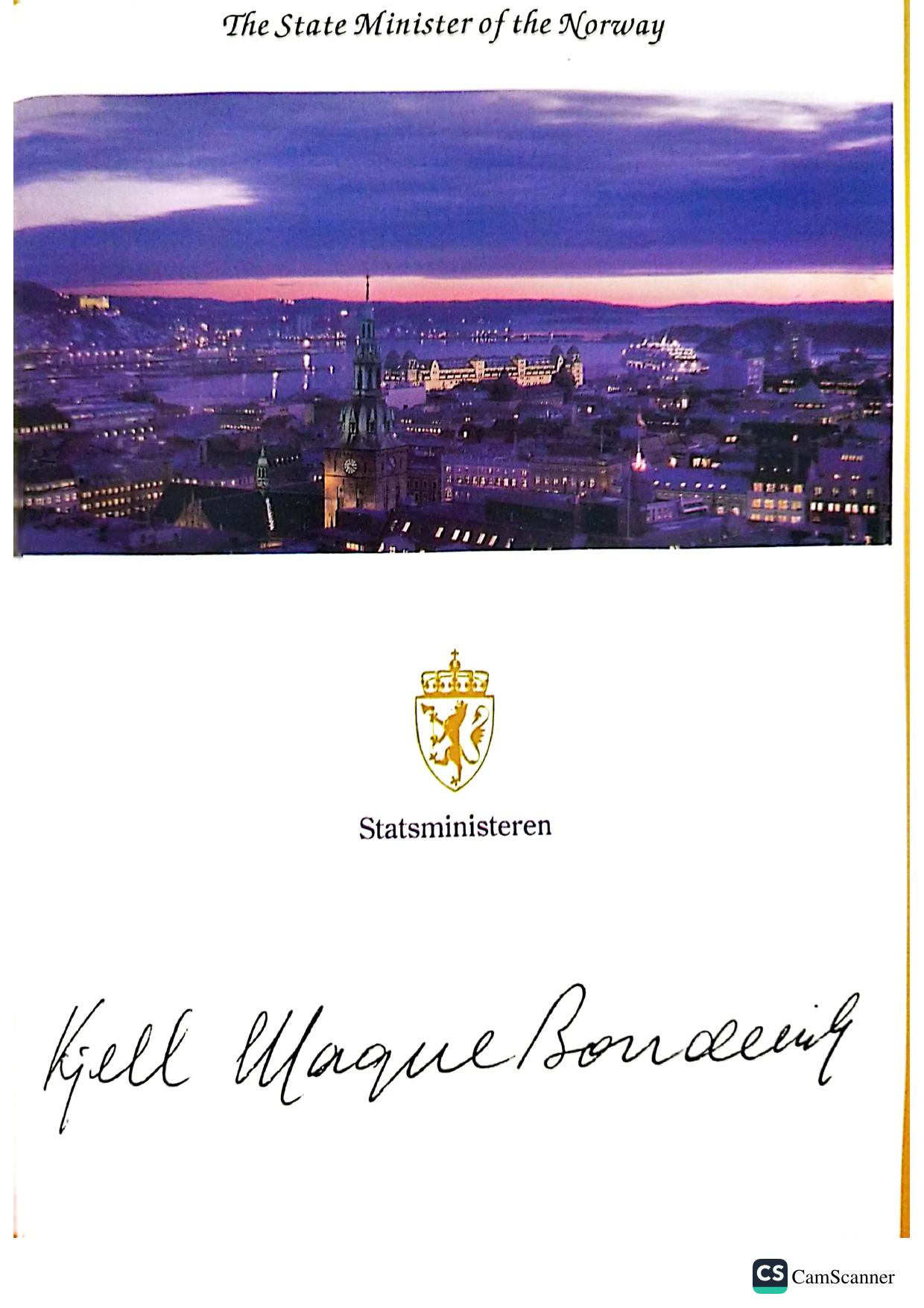 Norway — Signed card from State Minister Kjell Magne Bondevik