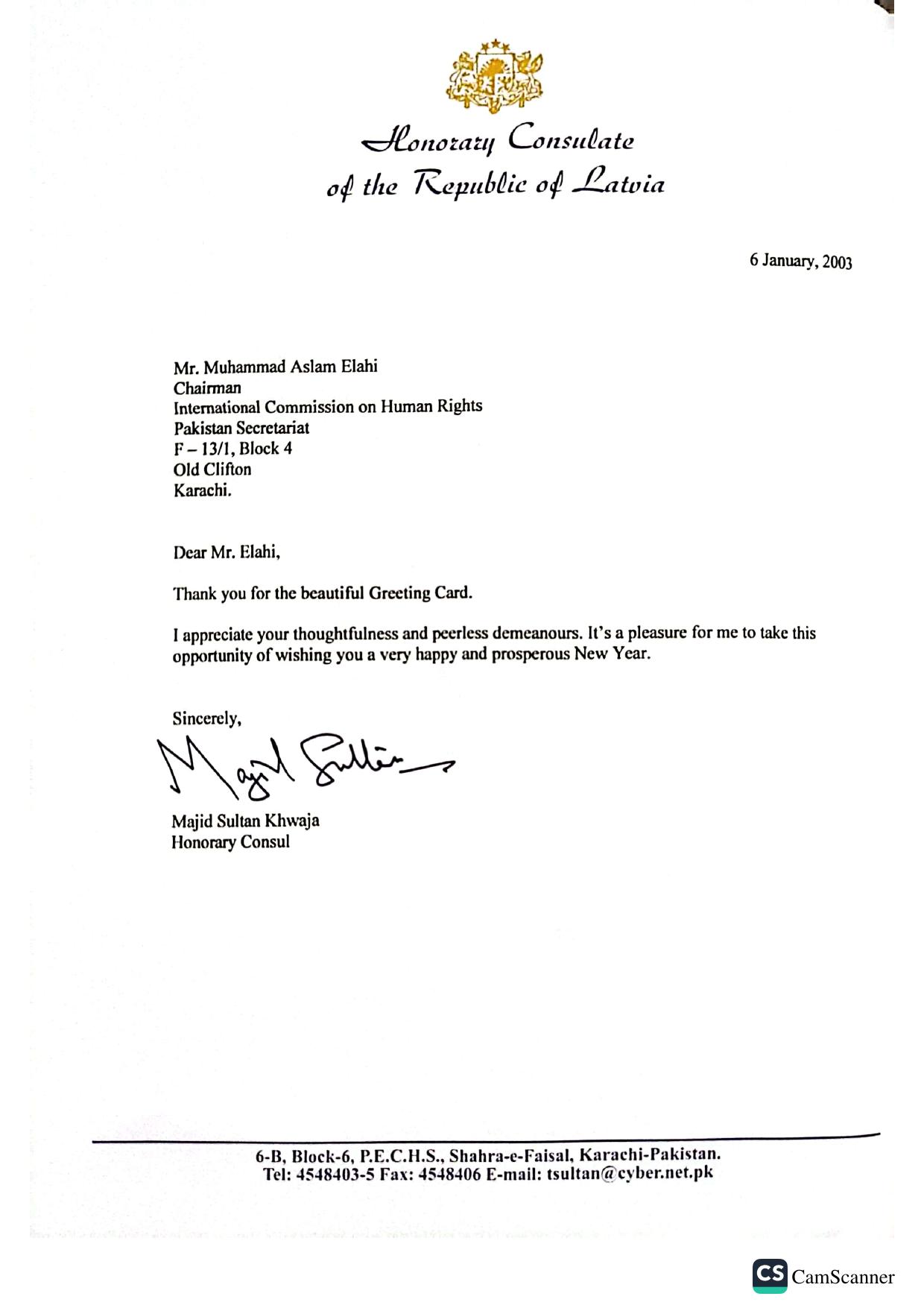Honorary Consulate of Latvia — Reply from the Honorary Consulate of Latvia, Karachi, 6 January 2003