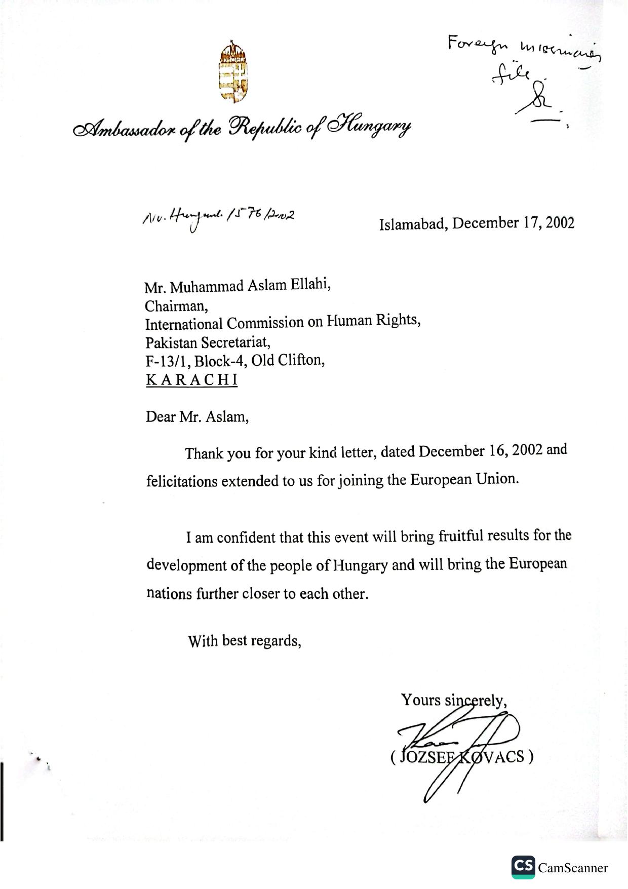 Embassy of Hungary — Reply from Ambassador Jozsef Kovacs, Islamabad, 17 December 2002