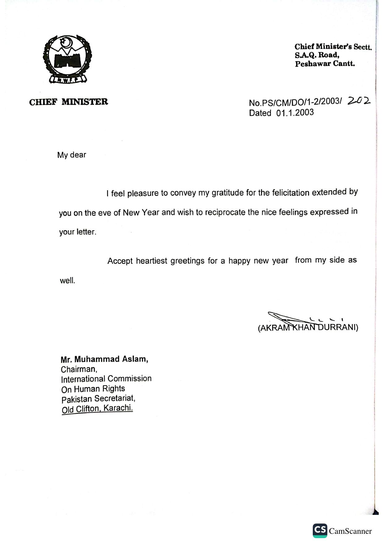 North-West Frontier Province — Reply from Chief Minister Akram Khan Durrani, Peshawar